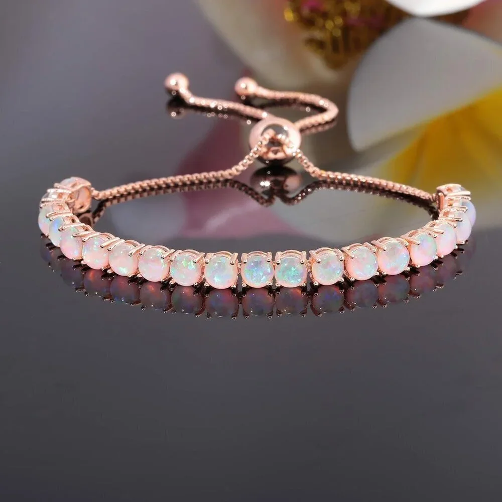 Women's Silver Plated Opal Tennis Adjustable Sterling Hook Clasp Bracelet